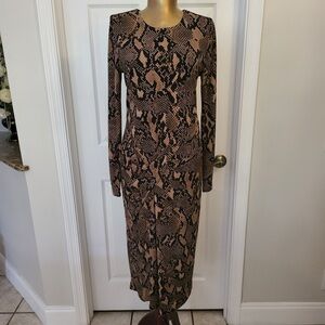 Donna Karan Black Brown Snake Print Long Sleeve Dress 8 NWT